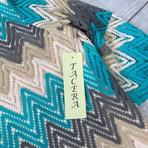 Tacera open knit fully lined 3/4 bell sleeve chevron print dress women sz Med - Picture 11 of 14